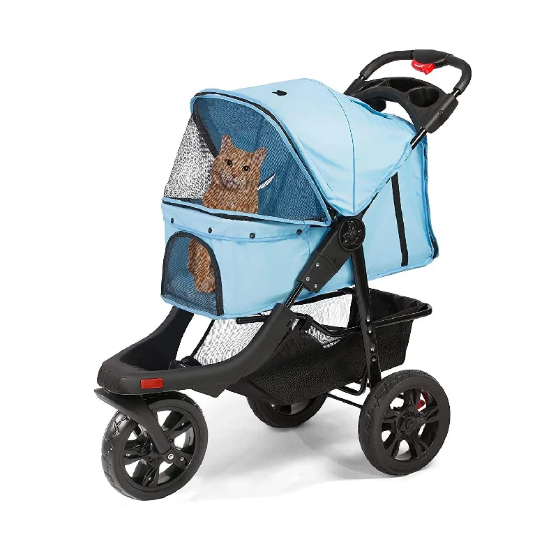 Mesh birdcage seed catcher-3-Wheel Folding Dog Stroller Pet Travel Carrier with Cup Holder and Storage Basket, Blue