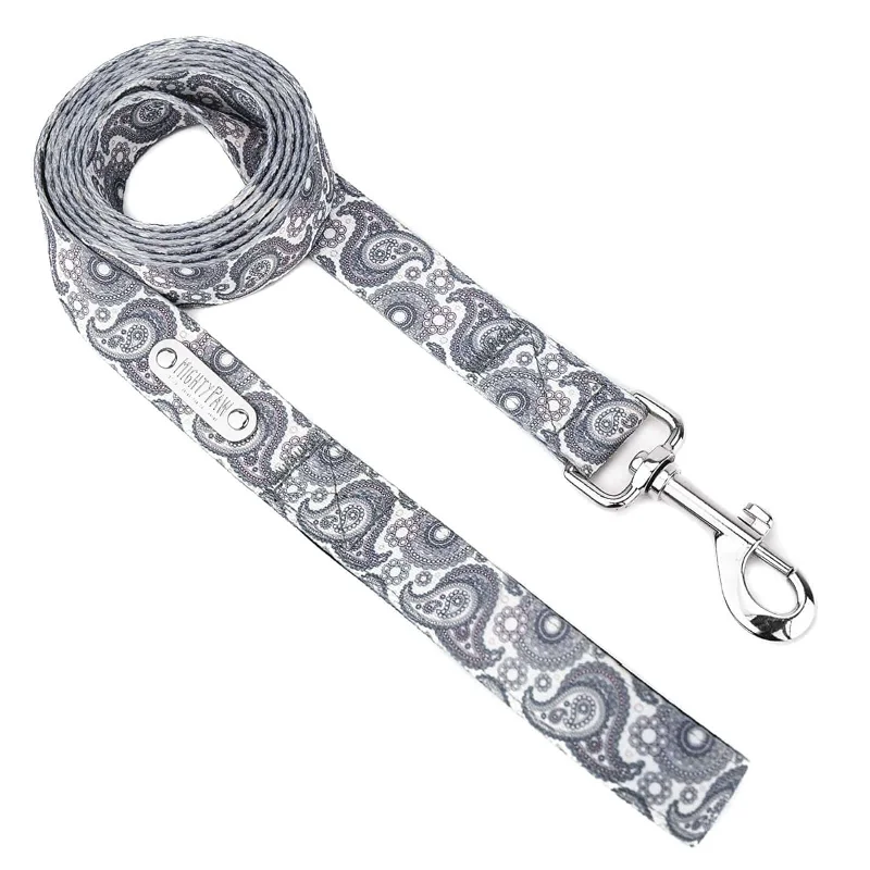 Glow-in-dark pet collar-6' Grey Paisley Designer Dog Leash with All-Metal Hardware