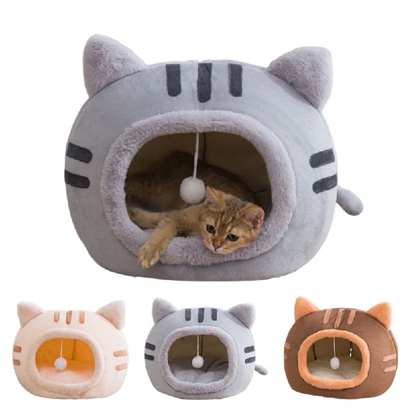 Pet-safe wood polish-Adorable Plush Cat Head Pet House