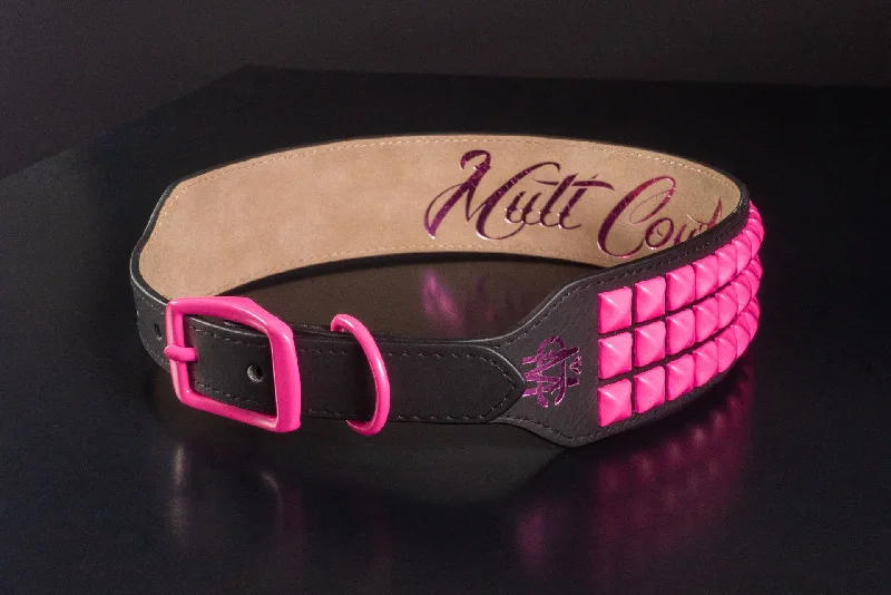 Curved stainless cat bowl-Black Leather Dog Collar With Pink Studs