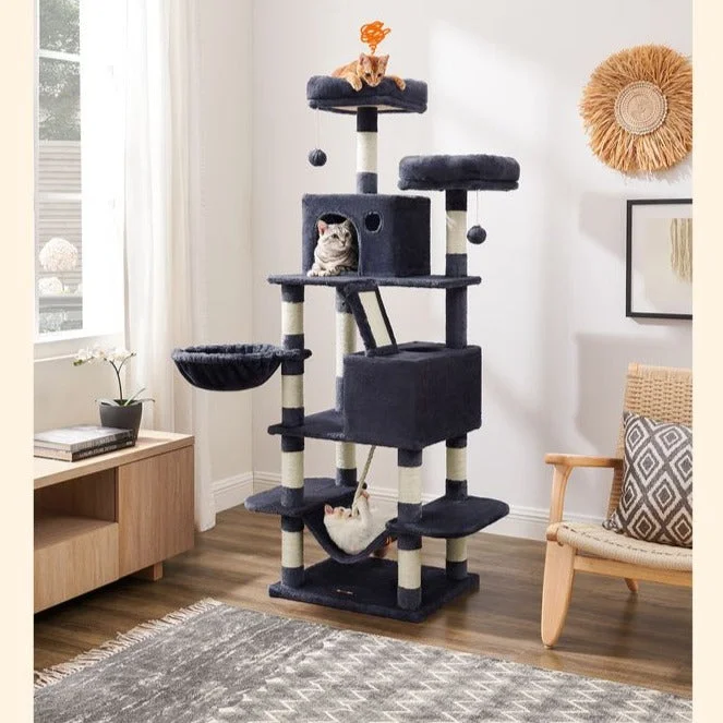 Rubber hamster cage base-Cat Tree, 66.1-Inch Large Cat Tower with 13 Scratching Posts, 2 Perches, 2 Caves, Smoky Gray