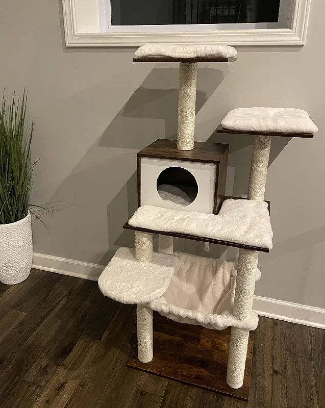 Expandable pet safety gate-Cat Tree, 54.3-Inch Cat Tower with Scratching Posts, Hammock, Cat Cave, Wooden Cat Condo, Rustic Brown