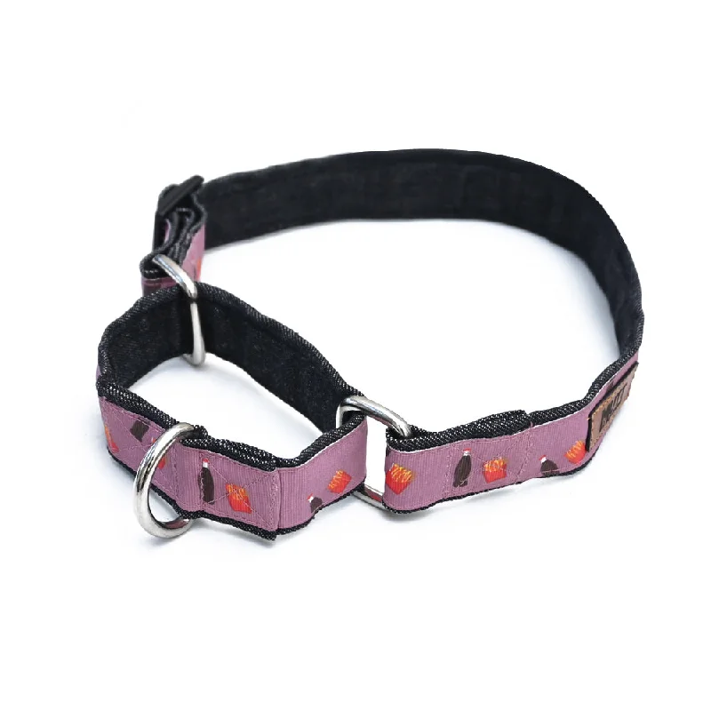 Hanging bird seed tray-Cola N' Fries Martingale Denim Collar