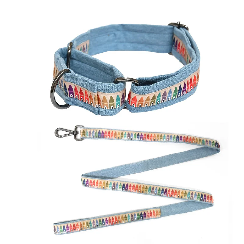 Fine-mesh pet flea comb-Cool School Martingale Denim Collar + Leash Set