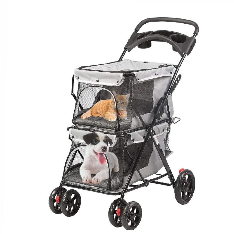 Carbon-filter pet fountain-Double Seater Pet Stroller Folding Dog Stroller Travel Cage Stroller with Cup Holders Mesh Window, Gray