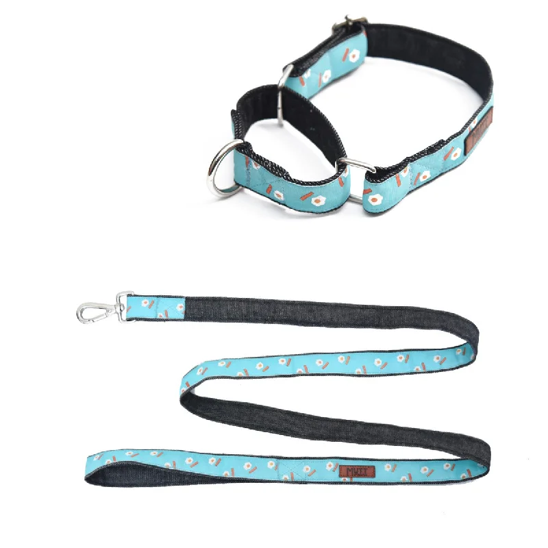 Compact pet agility kit-Eggs N' Bacon Martingale Denim Collar + Leash Set