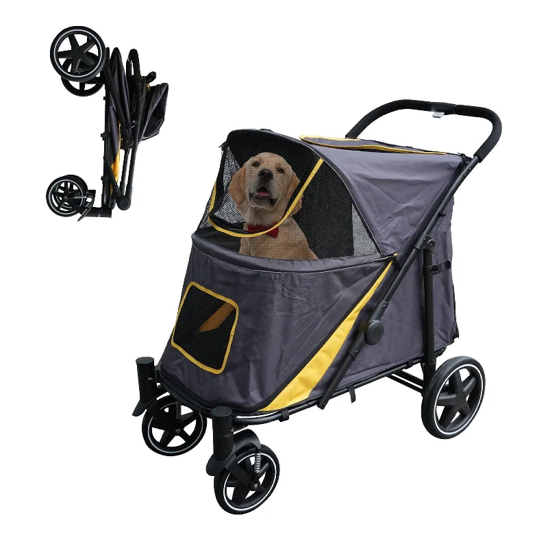 Flexible rabbit harness-Foldable Pet Stroller Travel Carrier with Storage Pocket, Breathable Mesh, Gray and Yellow