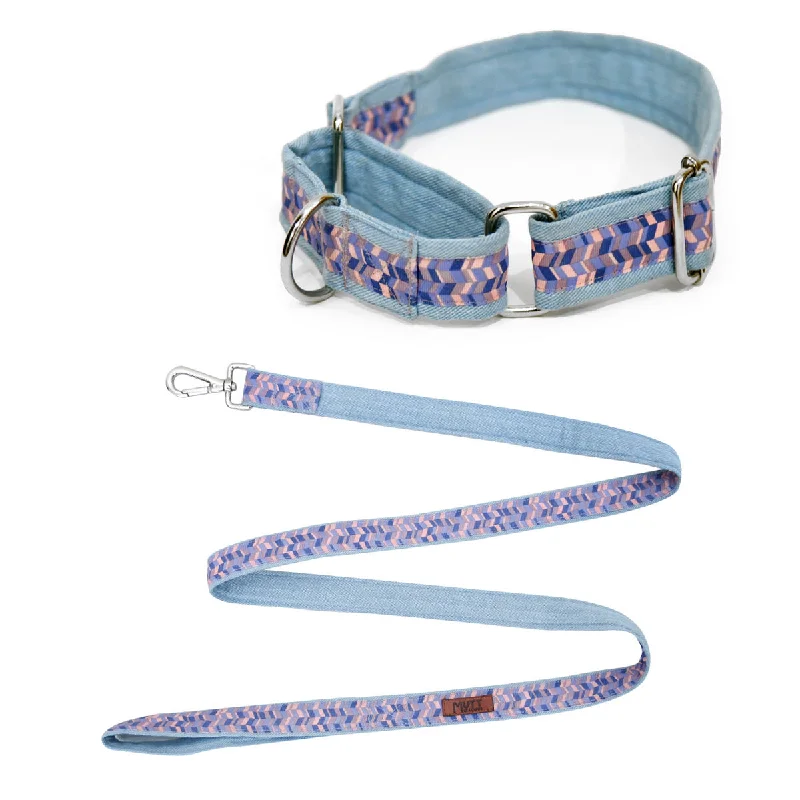 UV-resistant pet shade-Geometrical Martingale Denim Collar + Leash Set