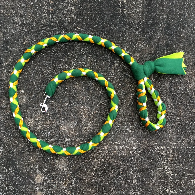 Mint-flavored pet toothpaste-Hand Braided Dog Tug Leash with Clasp, Fleece and Paracord for Walking, Agility or Flyball DarkGreen over Lime with Gold and White