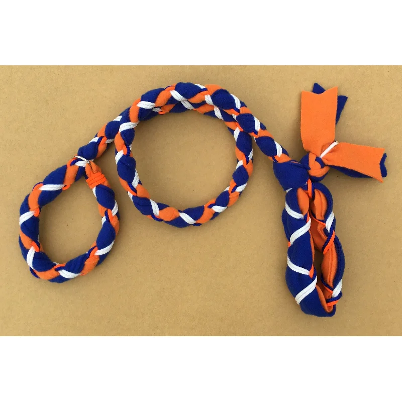 Soft puppy tug toy-Hand Braided Dog Tug Leash with Slip Collar, Fleece and Paracord for Walking, Agility or Flyball Blue over Orange with White