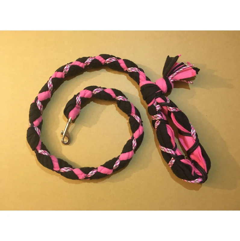 Knotted dog rope toy-Hand Braided Dog Tug Leash with Clasp, Fleece and Paracord for Walking, Agility or Flyball Black over Pink with Pink Camouflage