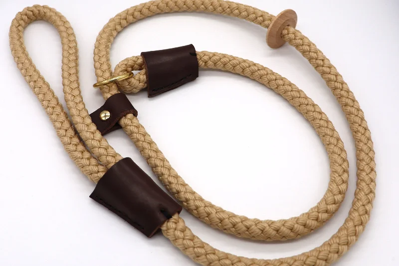 Tough rubber chew ring-Handmade Slip Lead - Beige Rope with Leather and Wooden Stopper