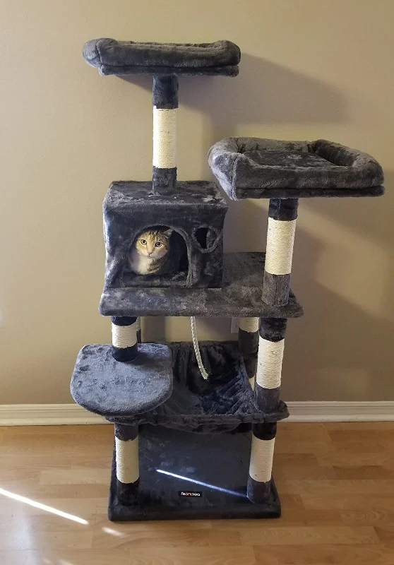 Fleece-lined pet hammock-56.3 inches Multi-Level Cat Tree with Hammock, Cat Tower for Large Cats