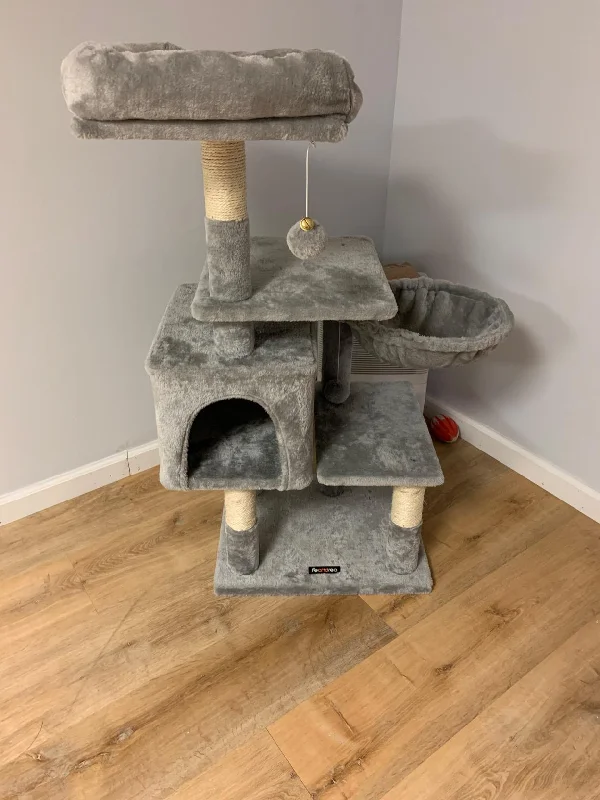 Mesh-sided pet buggy-Multilevel Cat Tree with Cat Cave, Basket Lounger, and Padded Perch