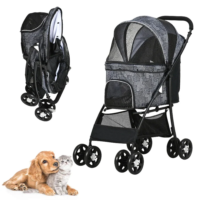 Comfort-fit dog muzzle-Lightweight Foldable Travel Carriage Pet Stroller with Storage Basket Breathable Mesh, Black