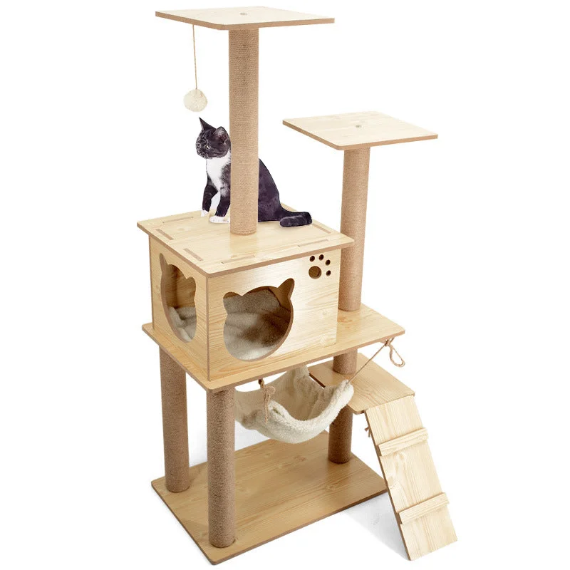 Sturdy pet access ramp-Multiple-level wooden cat tree with cat house and hammock