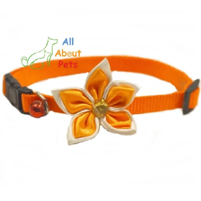 Etched stainless pet tag-Orange Nylon Collar with Flower for Cats & Small Dogs