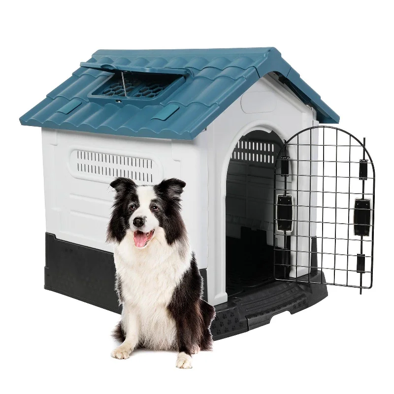 Compostable pet waste bags-Outdoor Medium Dog House Plastic Waterproof Kennel with Air Vents, 33"L x 27.6"W x 29.9"H, Blue Roof