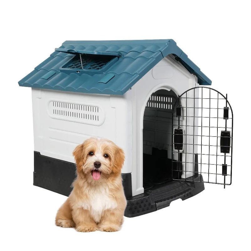 Fluffy microfiber cat mat-Outdoor Small Dog House Plastic Waterproof Kennel with Air Vents, 23.6"L x 18.9"W x 25.6"H, Blue Roof