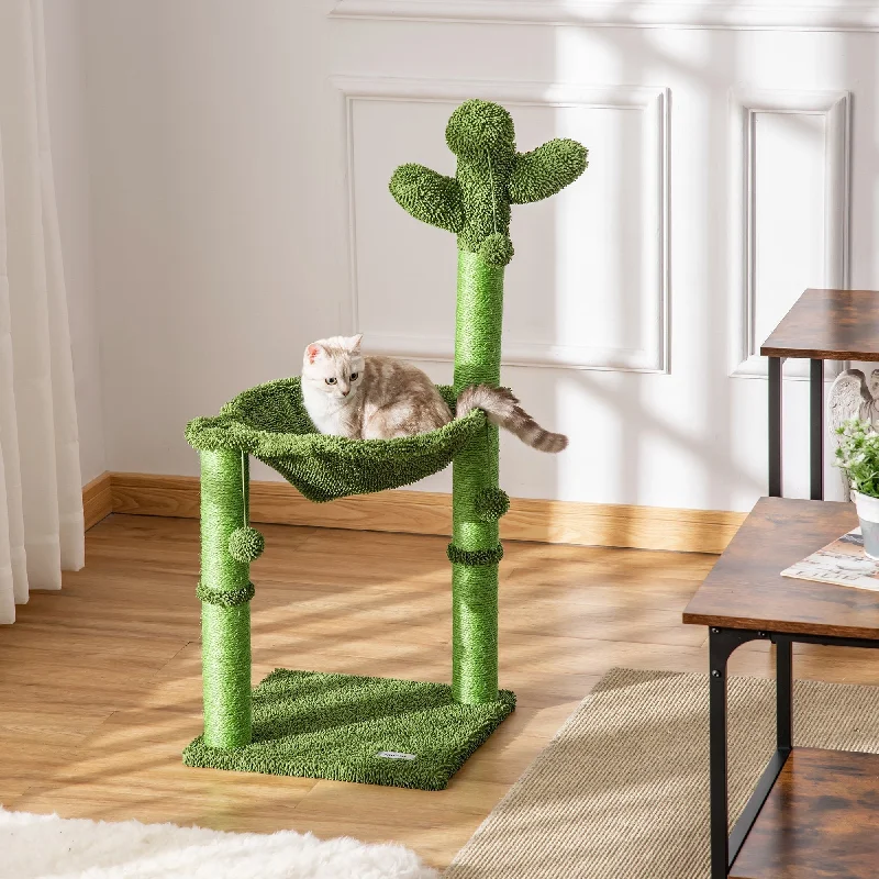 Wide-tooth pet detangler-PawHut Cat Tree Tower Cactus Shape w/ Scratching Post Hammock Bed Ball Kitten Toy