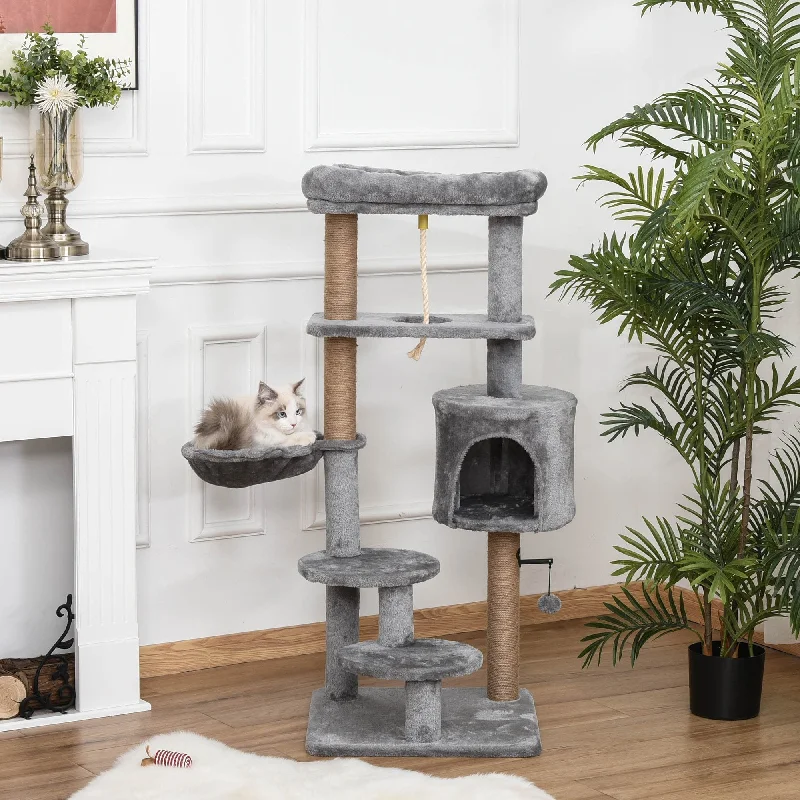 Odor-free pet room mist-PawHut Cat Tree Tower for Indoor Cats 120cm Climbing Kitten Activity Center with Jute Scratching Post Perch Hanging Ball Hammock Teasing Rope Condo Toy Light Grey