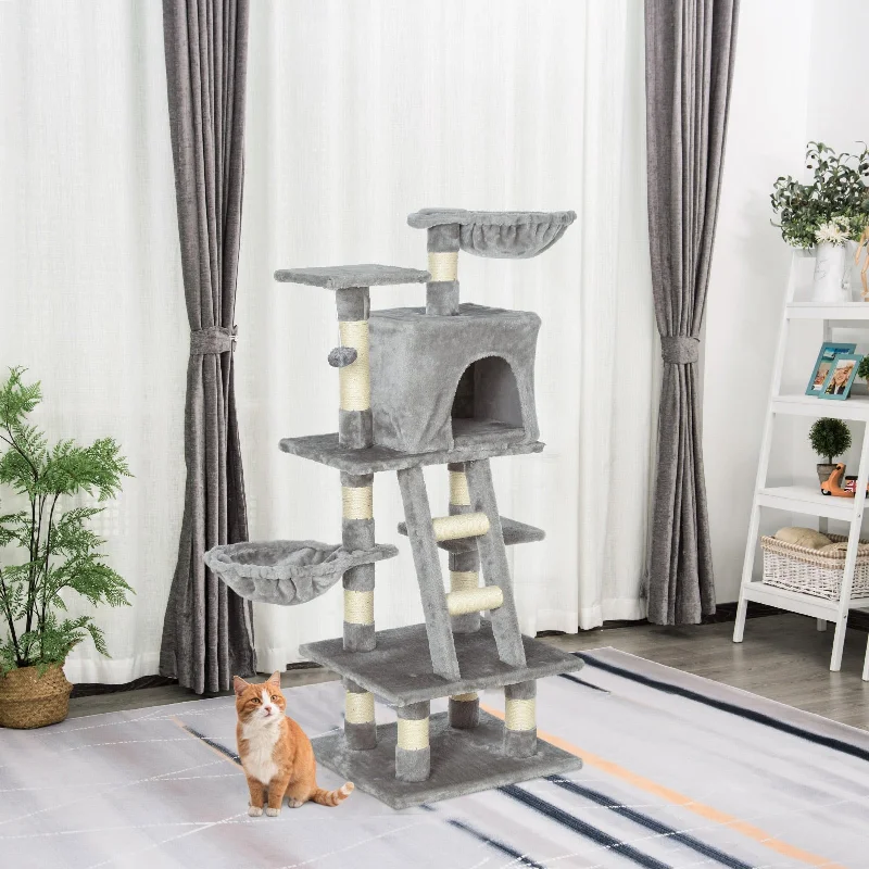 USB-charged pet cooler-PawHut Cats 6-Tier Sisal Rope Activity Tree w/ Dangle Toy Grey