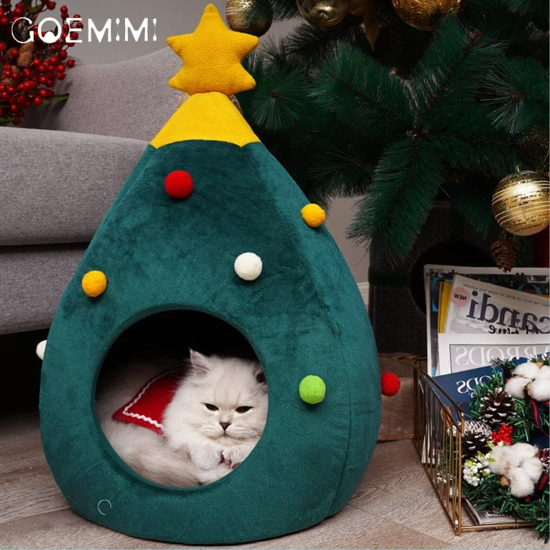 Plush cat sleep cushion-Pet Cat Dog House Kennel Puppy Cave Sleeping Bed Christmas tree shape Winter Warm Bed For Cats Dog cama para cachorro