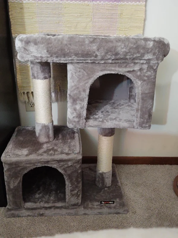 Printed pet neck bandana-Cat Tree with Sisal-Covered Scratching Posts and 2 Plush Condos Cat Furniture for Kittens Light Gray