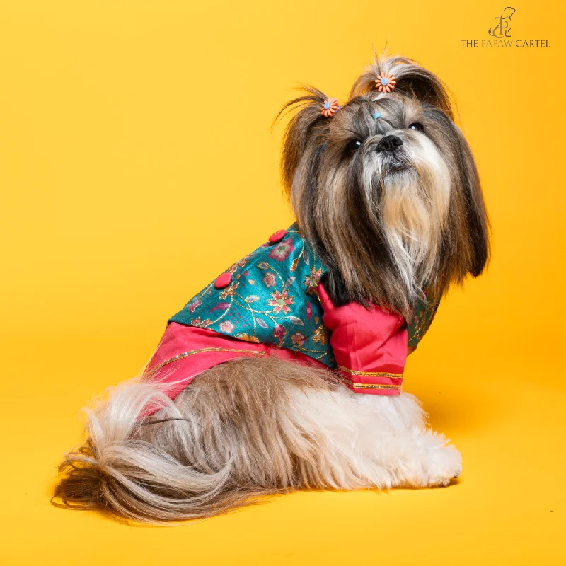 Foldable dog shade tent-The Papaw Cartel Fuschia Kurta with Contrasting Floral Teal Koti for Dogs (Pink)